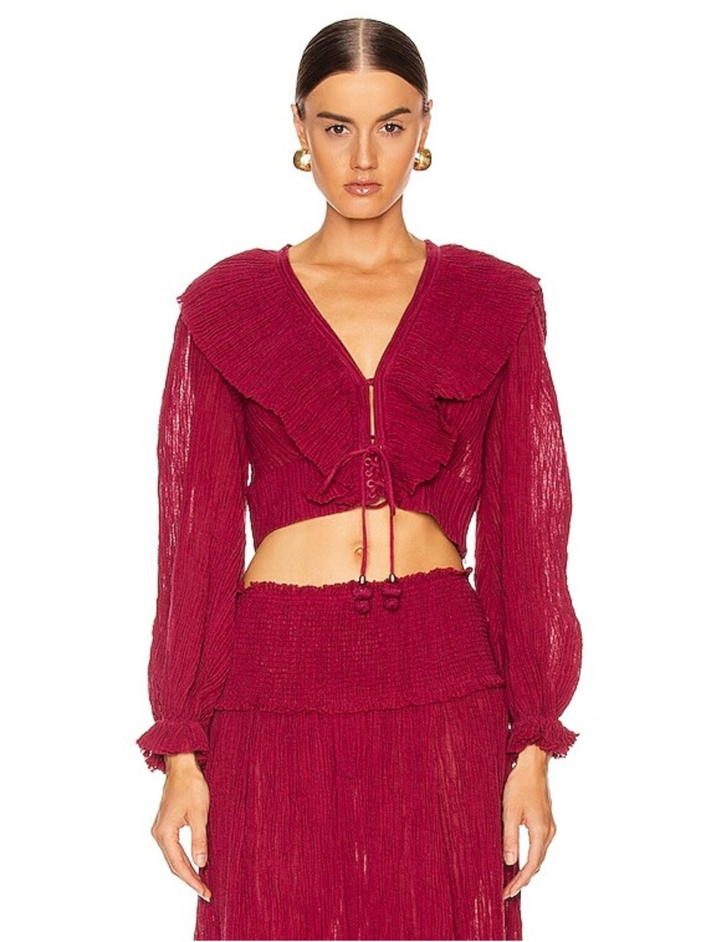 Zimmermann Suraya Ruffle Frill V Neck Top in Burgundy / Berry - S